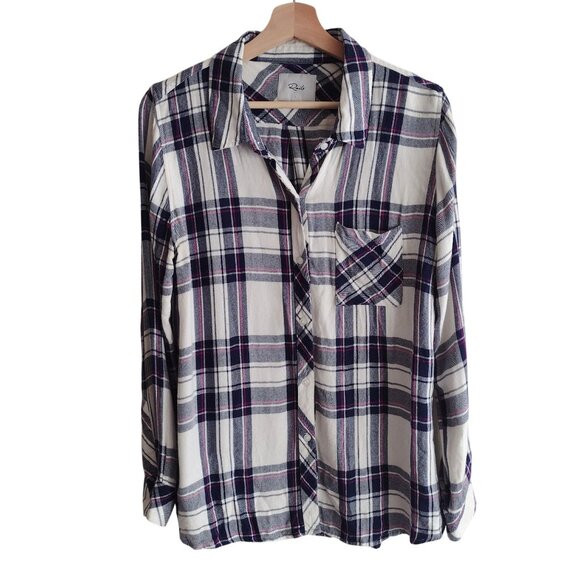 Rails Tops - Rails Hunter Plaid Top L White Navy Rayon Flannel Lightweight Button Front Shirt